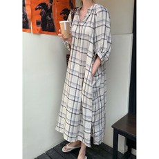체크 린넨 롱원피스