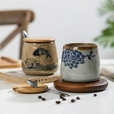 쿤케라믹머그 380ml 일본식 복고풍 숟가락 뚜껑 세라믹 컵과 접시 세트 크리 에이 티브 애프터눈 티 오피스 머그잔 석기 커피 병, [01] 301400ml, [07] B1