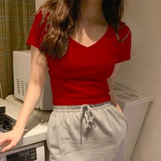 여성 반팔티 티셔츠 슬림 핏 반소매 여자반팔티셔츠 크롭 T 스퀘어 넥 인박카080