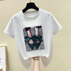 Gkfnmt 2021 여름 코튼 화이트 블랙 티셔츠 반팔 캐주얼 티셔츠 여성 라운드넥 슬림 아플리케 티셔츠