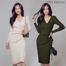 JUST FEEL!NG 브이넥 슬림 미디원피스 스트링 긴팔원피스 가을 니트원피스 S라인원피스 럭셔리 여성원피스