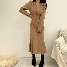 [레티고] 브이넥 소매 퍼프 머메이드 롱 원피스