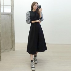 이힝 소녀 허리다트 체크 A라인 기모 롱원피스