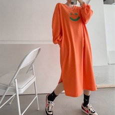 빅사이즈 루즈핏 스마일 맨투맨 티셔츠 롱 원피스 (4color)