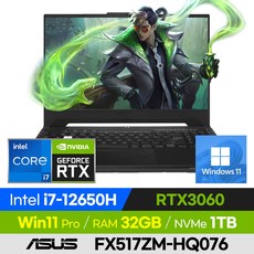 [사은품 증정!] ASUS TUF Dash F15 FX517ZM-HQ076 고사양 배그 롤 로아 오버워치 게이밍 노트북 (코어i7-12650H/RTX3060), 오프 블랙, 코어i7, 1TB, 32GB, 윈도우 포함