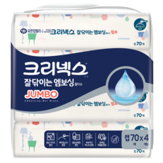 크리넥스 잘닦이는 엠보싱 점보 물티슈 캡형, 70매, 4팩