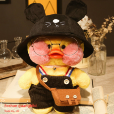 PKTOYS DIY 남장 급유 오리 인형 귀여운 소녀 하트 핑크 오리 인형 선물, 검은 고양이 모자 검은 벨트 바지 안경 갈색 가방, 30cm