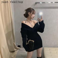 just feel!ng 여성용 가을 겨울 여성스러운 긴 소매 이너 a 라인 스커트 오픈숄더 원피스 미니원피스