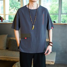 남자 반팔 풀오버 린넨 라운드 넥 포켓 반팔 상의 여름 트렌드 캐주얼 프린팅 루즈 핏