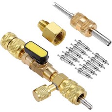 R404A R407C R134A R12 R32 HVAC 시스템 용 이중 크기 SAe 1/4 및 5/16 포트가있는 R410A R22 밸브 코어 리무버 설치 도구, 하나, 노랑