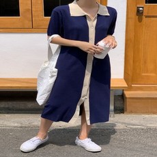 (빠른배송)배색 셔츠 반팔 니트 원피스 크림 네이비
