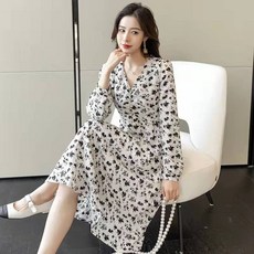 봄꽃송이 원피스 긴팔 브이넥 롱 원피스 첫사랑 프렌치 여성 롱스커트 봄 2022년