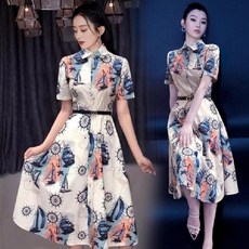 해외마인 이보영 마린 카라넥 반팔 벨티드 플리츠 원피스