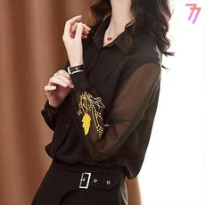 77우먼스 여성 포인트 시스루 블라우스 2컬러 빅사이즈 소매 자수 상의 데일리 데이트 하객