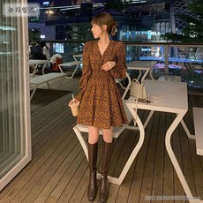 블루웨더 S~4XL 빅사이즈 어깨 퍼프 셔링 플라워 V넥 미니 원피스 긴팔 여자 여성 봄 가을 A라인 스커트 잔꽃 데이트룩