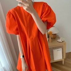 여성 봄 V넥 긴팔 퍼프소매 레트로 셔츠 원피스