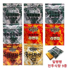 일빵빵 전투식량 9종세트(대용량 소고기+대용량 제육+소고기비빔밥+제육비빔밥+해물짬뽕라면밥+진짜라면밥+육개장라면국밥+북어라면국밥+파운드케이크), 1세트(9종)