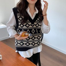 여성 아가일 니트 조끼 베스트 블랙 제이핏 롱 꽈배기 오버핏 핸드메이드 봄 가을 겨울 브이넥 캐주얼