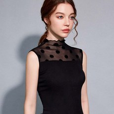 Makone 플라워블라우스 망사 조끼 가을겨울 목폴라 프린팅 블랙 이너셔츠 이너 상의 레이스 T셔츠