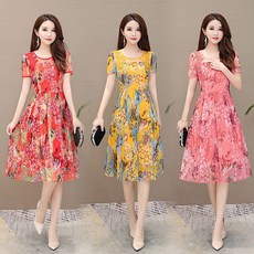 요나걸 여성 드레스 원피스 미디원피스 쉬폰원피스 라운드넥 A라인 스커트 레이스 포인트 반팔원피스 세상 화려한원피스 플라워원피스 중년 마담 스타일 슬림핏 하객룩 여자원피스 + 양말증정