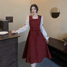DFMEI 허리 퍼프 소매 도라지 스퀘어넥 원피스 이른 봄 레드 스커트