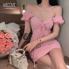 위코브 오프숄더 섹시 브이넥 플리츠 퍼프 미니 원피스