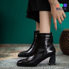 몬드스팟 7cm 여성 유광 특이한 굽 하이힐 뒷지퍼 앵클부츠 블랙(DM418)