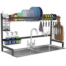 Shop Again 싱크대 위 접시 건조대 블랙 대형 선반 배수구 주방 보관용 스테인리스 스틸, 1 티어 블랙