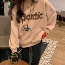 윈터 스웨이드 맨투맨 여성 크루넥 벨벳 긴소매셔츠 헐렁한 티셔츠 긴소매, 카키색 옷감