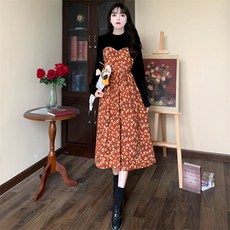 플라워원피스 빅사이즈 여성의류 뚱뚱한 봄가을 2022 프렌치 클래식 허리보정 배가리기 코듀로이 패치워크 4181764530