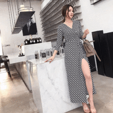 끌리시아 럭셔리 격자 저지 명품스타일 랩 롱 원피스 OS17