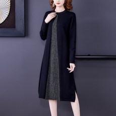 미미앤느 여성 라운드넥 세모 배색라인 블랙 그레이 우아한 프렌치 긴팔 중년 미디원피스