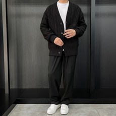 지오송지오 케이블 블럭 브이넥 니트 가디건 블랙 ZE5KT515BK