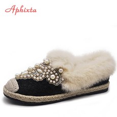보아털블로퍼 토끼털 윈터뮬 부클레 퍼 Aphixta-겨울용 따뜻한 진짜 모피 슬리퍼 여성 신발 레이스 진주