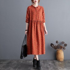 여성 봄가을 빈티지 면마 원피스 루즈핏 빅사이즈 플라워 롱