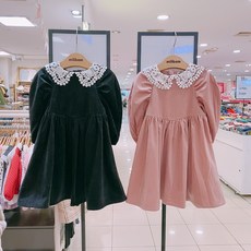 밀리밤 [핫한 베이비라인]~~2021년 NEW 가을신상!! 즐거운 파티~고급진 스타일 벨벳잔골지 레이스카라 퍼프소매 원피스