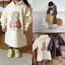 더쭈야 여아 원피스 아기 유아동 키즈 겨울원피스 후드 기모 베어 롱티셔츠 자매 등원 유치원 나들이