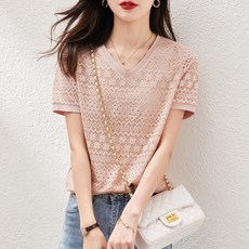 부드럽다 아담하다 선기 부드럽다 편안하다 V 넥 레이스 셔츠 티셔츠 상의녀
