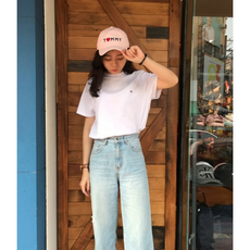 타미힐피거 반팔티셔츠 남녀공용 화이트 커플티셔츠 남성 여성 반팔 티셔츠