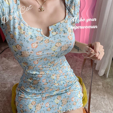 플라워 미니 원피스 슬림 티셔츠