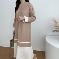 위시엘 살랑살랑 배색 플리츠 주름 밑단 A라인 플레어 롱 원피스