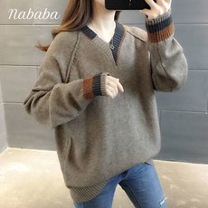 나바바 NK1018 여성 캐주얼 배색 포인트 브이넥 니트 스웨터