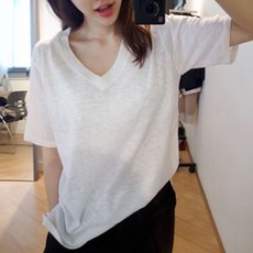 Genpezer무드 여성 여자 반팔티 봄 여름 가을 의류 옷 티 무지 티셔츠 라운드 V넥