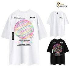 투체인지 5부 오버핏 네온써클 빅사이즈 M~5XL 남자 여자 라운드 남녀공용 반팔 티셔츠