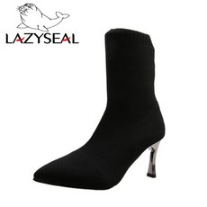 여성 반부츠 미들 부츠 하프 앵클 겨울 앵글 털 Lazyseal 7cm 메탈 스퀘어 힐 신발 스트레치 패브릭 지적 발가락 스틸레토 힐 신발 발목