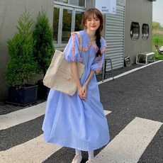 포린박스 지지미 엠보 레이스 빅카라 퍼프 셔링 롱 원피스 YJ