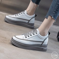 도오빠 여성 운동화 키높이 5CM 하이탑 통굽 베이직 스트라이프 스트랩 화이트 가벼운 가죽 스니커즈 레더 여자운동화