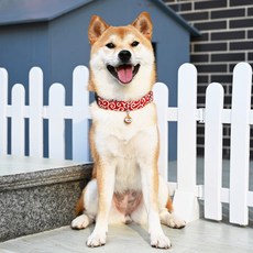 LongFatoys 일식 강아지 목줄 방울 개목걸이 당초무늬 시바견 개줄 소형견 웰시코기 푸들, 홍앵항권