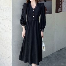 아이엠몽 여성 레이스 데이트룩 프릴 브이넥 퍼프 롱 원피스 멜루나