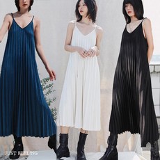 JUST FEEL!NG 나시원피스 플리츠원피스 브이넥 바캉스룩 패션 롱원피스 이너 스커트